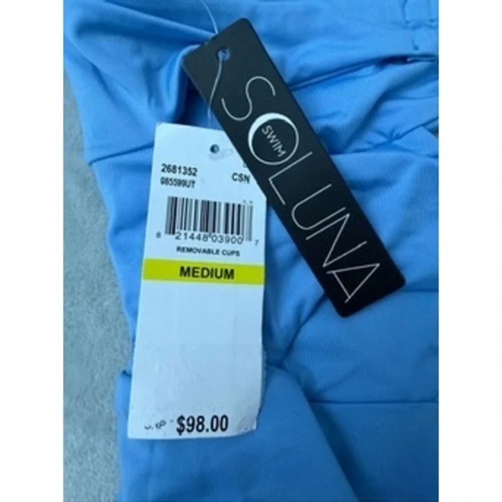 NWT Soluna One Piece Swimsuit Women Blue Ruffle Cutout Gold Hardware $98 Medium